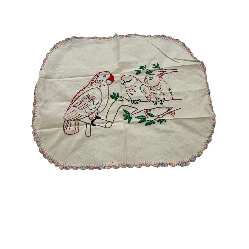 Vintage Hand Embroidered Parakeet Doily DresserScarf Crocheted Edge Cottagecore‎